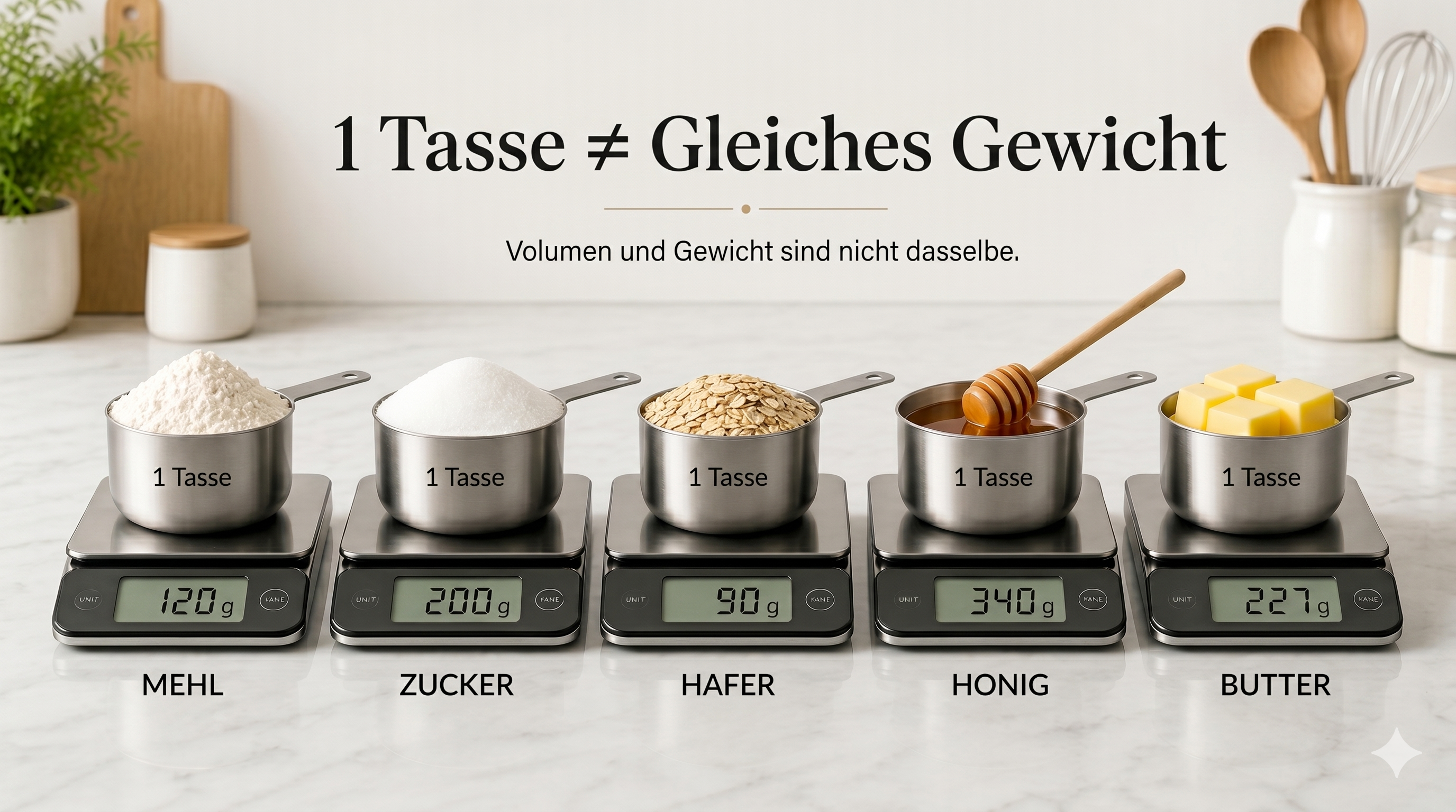 Fünf Messbecher auf digitalen Waagen: Mehl 120g, Zucker 200g, Haferflocken 90g, Honig 340g, Butter 227g