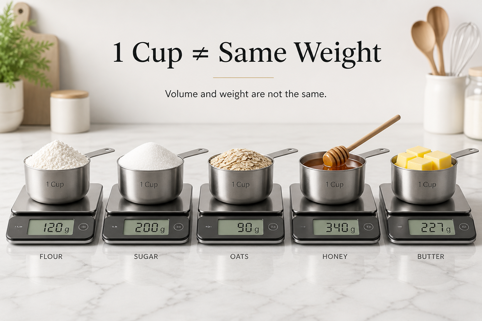 Five measuring cups on digital scales showing different weights: flour 120g, sugar 200g, oats 90g, honey 340g, butter 227g — 1 cup is not the same weight for every ingredient