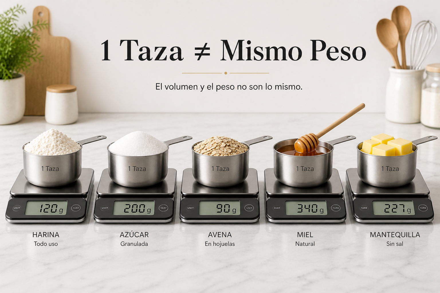 Cinco tazas medidoras en básculas: harina 120g, azúcar 200g, avena 90g, miel 340g, mantequilla 227g