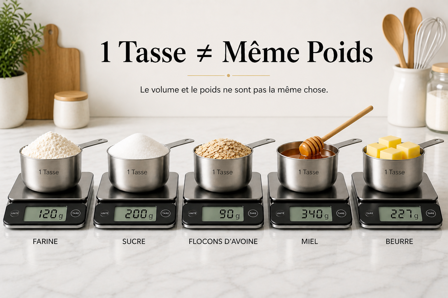 Cinq tasses à mesurer sur des balances : farine 120g, sucre 200g, flocons d'avoine 90g, miel 340g, beurre 227g