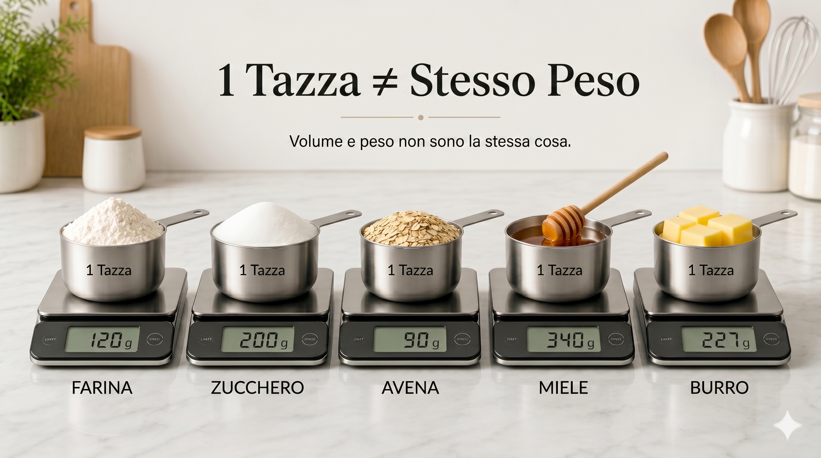 Cinque tazze misurate su bilance: farina 120g, zucchero 200g, avena 90g, miele 340g, burro 227g
